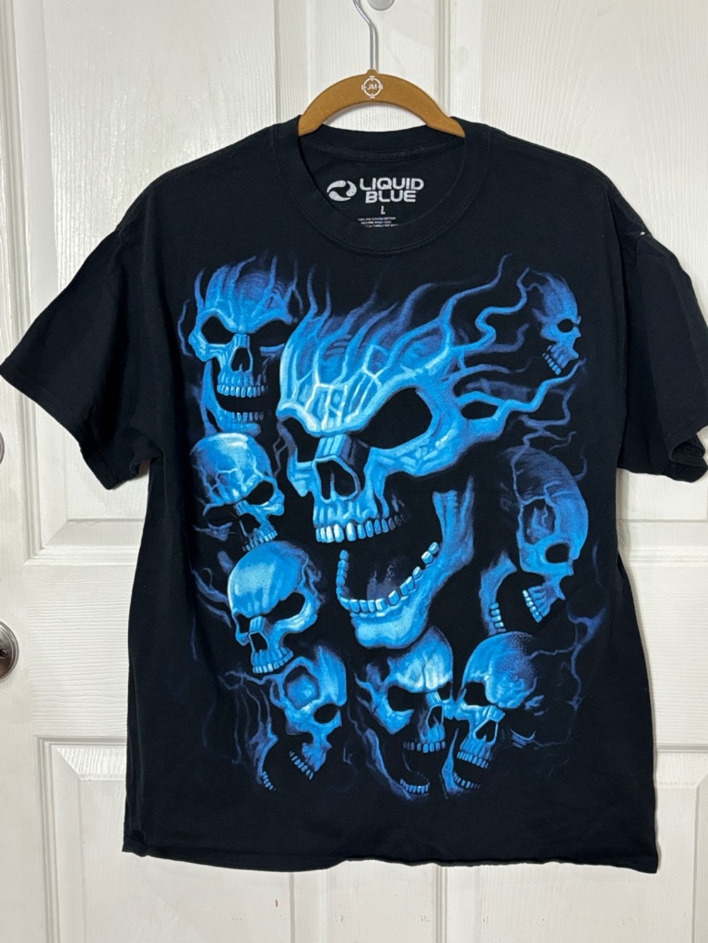 Liquid Blue Black T-Shirt Electric Blue Flaming Skulls Graphic Moto Goth Size L